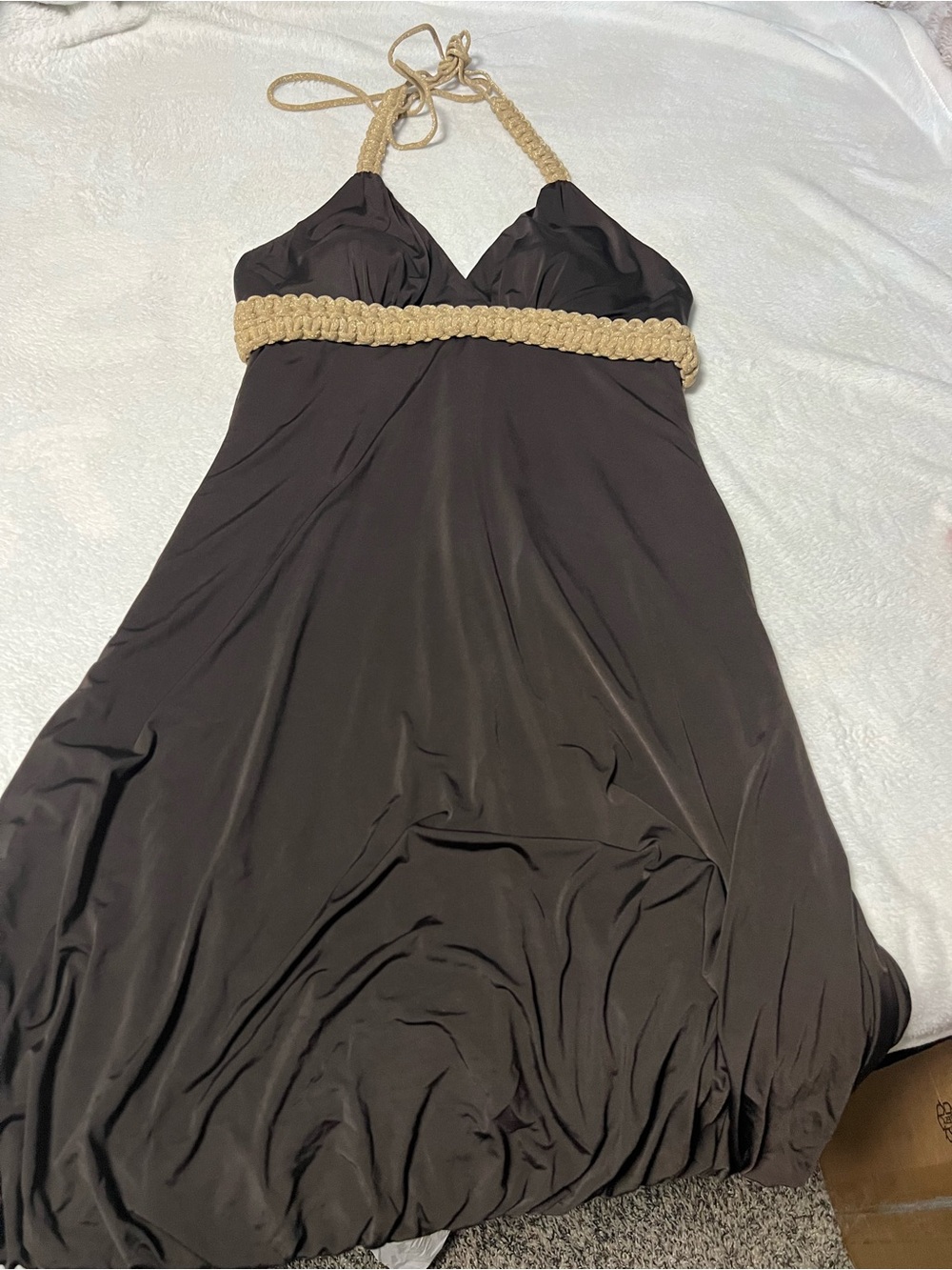 Brown Halter Braided-Trim Maxi Dress